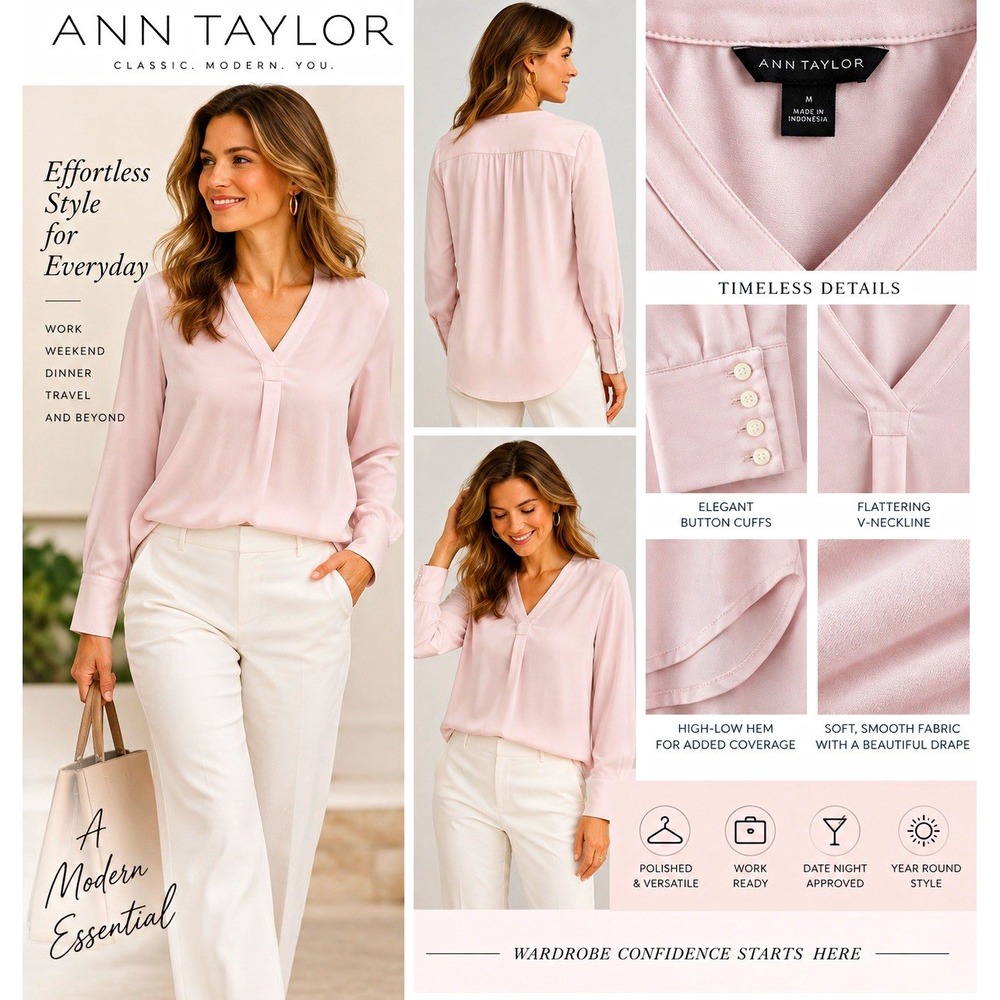 Ann Taylor Pink Blouse Womens M Long Sleeve V-Neck Pullover Woven Lightweight